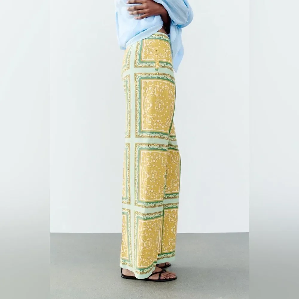 ZARA LINEN BLEND PRINTED PANTS